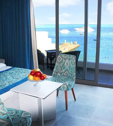 Modern hotel room with sea view